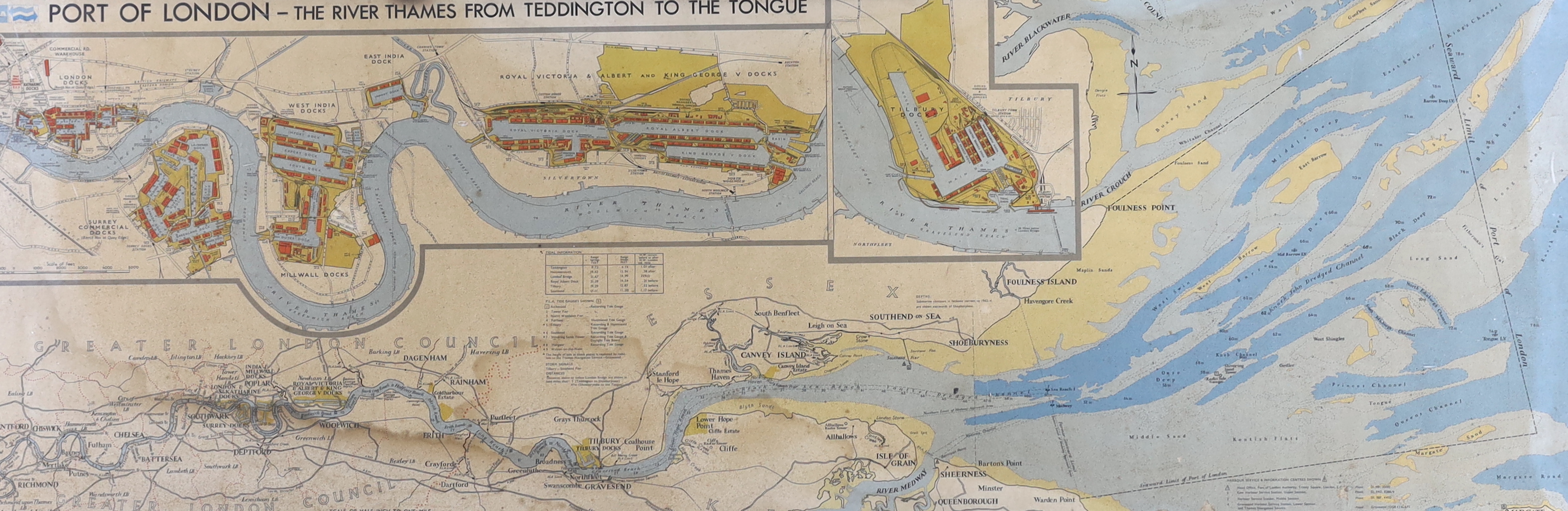 A large 20th century map, Port of London - The River Thames from Teddington to the Tongue, dated Jan. 1966, including details of Tilbury, Royal Surrey, West India and Victorian and Albert and King George V docks, 34 x 10